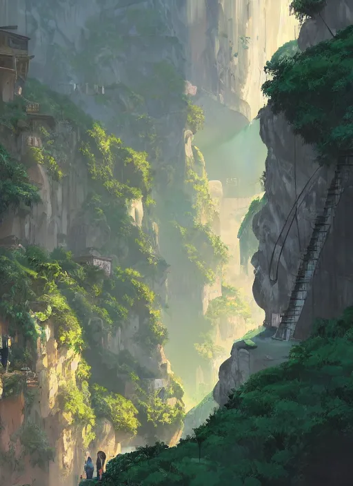 Image similar to medieval city built on terraces in a gigantic canyon, lots of buildings connected by hanging bridges, waterfalls, glow coming from amber veins in the ground, lush vegetation, pitchblack sky, extremly detailed digital painting, in the style makoto shinkai and atey ghailan, rim light, beautiful lighting, 8 k, stunning scene, raytracing, octane, trending on artstation