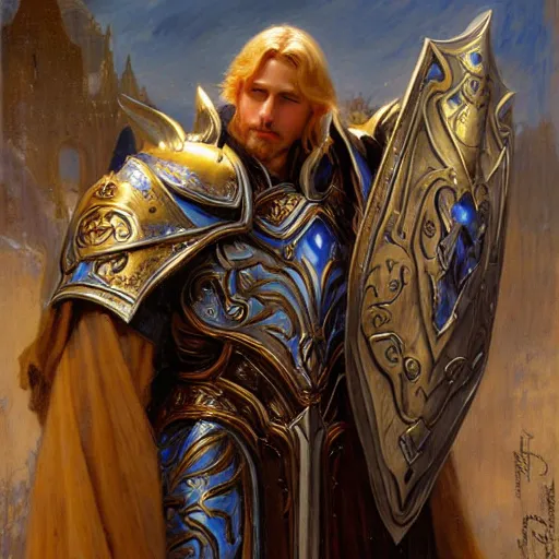 Image similar to attractive fully clothed arthas menethil confesses his love for his attractive fully clothed paladin uther lightbringer. highly detailed painting by gaston bussiere and j. c. leyendecker 8 k