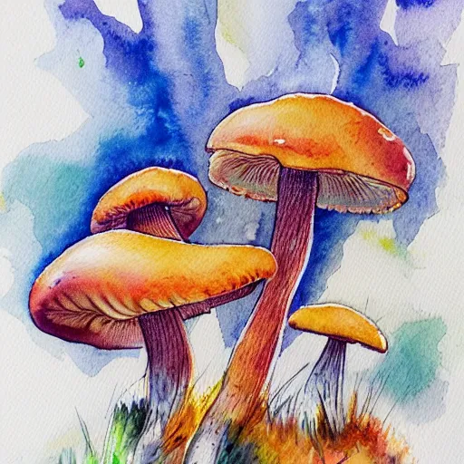 Prompt: water color and pen, high resolution, detailed, trending on artstation, chanterelle mushrooms