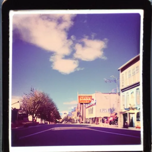 Prompt: colorful instant photograph of the middle of the street, polaroid, light leak, raw, nostalgic, daylight, blue sky, clouds