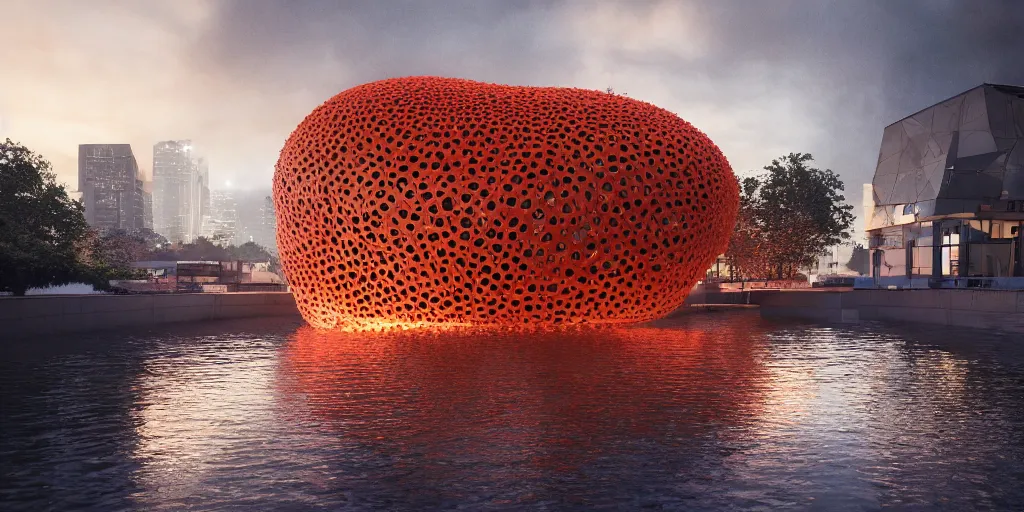 Image similar to An epic architectural rendering of a blob shaped trypophobia house with a mysterious red glow emitting from inside in a modern cityscape next to a river, stunning, gorgeous, golden ratio, photorealistic, featured on artstation, 4k resolution