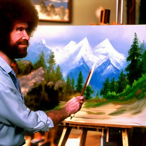 Prompt: a closeup photorealistic photograph of bob ross working on a canvas painting of the cookie monster. film still. brightly lit scene. mountains and trees. this 4 k hd image is trending on artstation, featured on behance, well - rendered, extra crisp, features intricate detail, epic composition and the style of unreal engine.