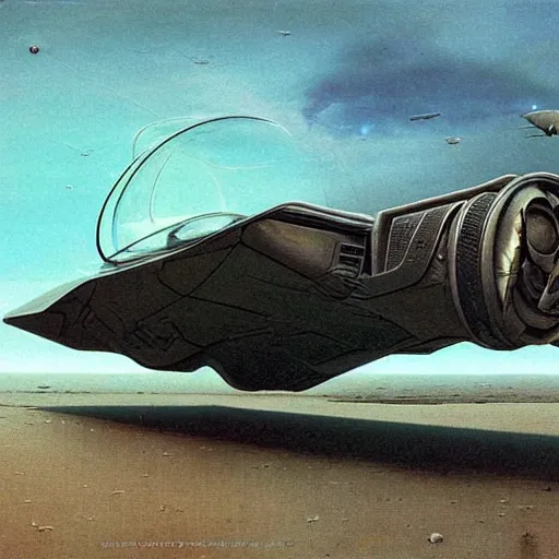 Image similar to retrofuturistic flying car, 1 9 7 0 s scifi art, beksinski style highly detailed painting