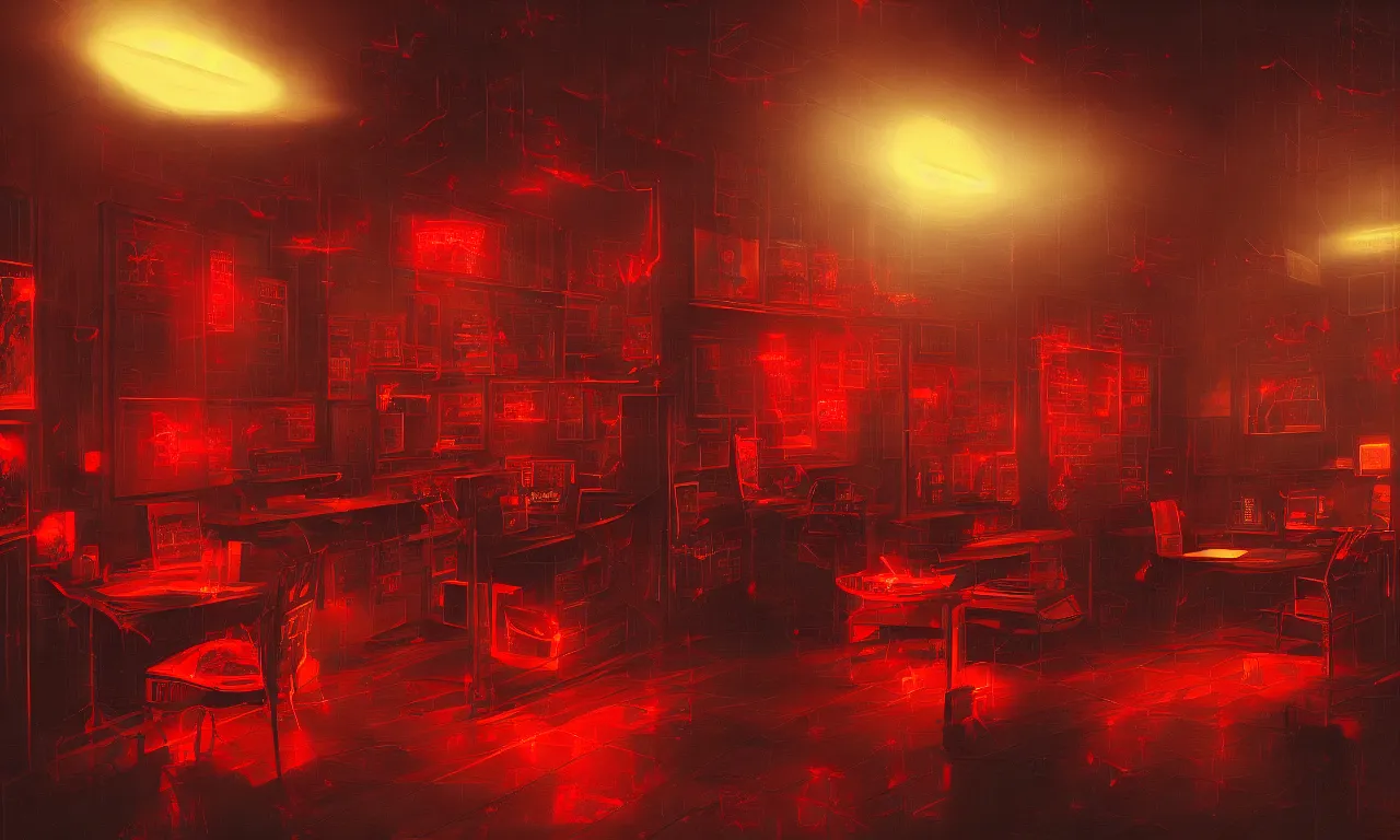 Image similar to demonic office, by asher brown durand, trending on artstation, 8 k resolution, red lights, cyberpunk, demonic symbols