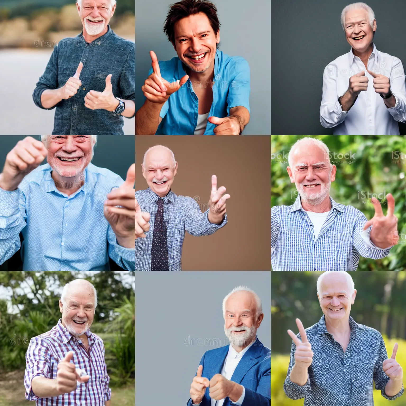 Prompt: happy looking hide the pain harold pointing his hand and index finger at the camera, white guy, handsome, stock photo, round face, smile