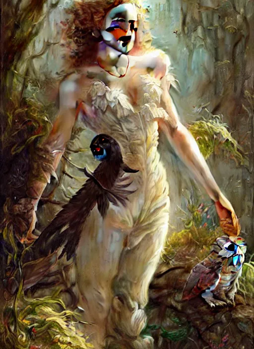 Prompt: harmony of swamp, beautiful julia garner with owl wings & tail wearing random clothes, amazing composition & dynamic posing, by franz xavier leyendecker, wlop! muted colors, highly detailed, fantasy art by craig mullins, thomas kinkade cfg _ scale 9