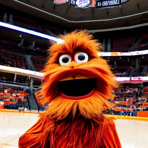 Prompt: the mascot gritty giving a speech at the Wells Fargo center, realistic