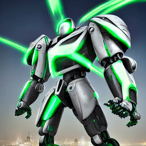 Image similar to saudi futuristic warrior mecha, green and white neon, full body mecha suit, epic urban battle, Murata Yasushi Nirasawa Style, beautiful aesthetic, photorealistic, volumetric lighting, hyperrealistic, octane render, HDR, Production IG Studios, concept art