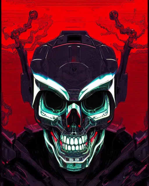 Prompt: a portrat of an immortal mecha cyber skull with glowing red eyes, digital art by dan mumford and Derek Riggs, trending on artstationhq