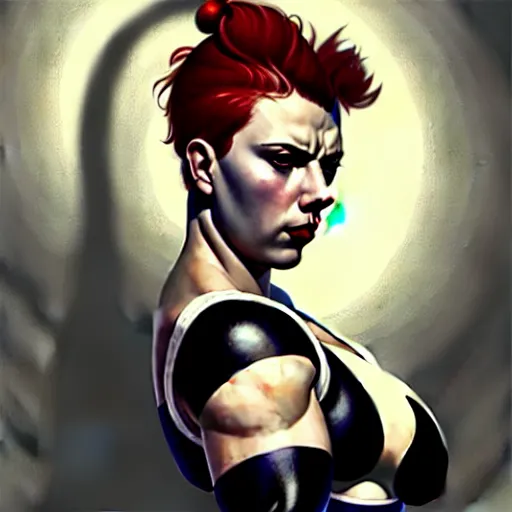 Image similar to greg manchess portrait of scarlett johansson as thick very muscular gothic weightlifter zarya from overwatch with short red hair and black lipstick, fantasy medium shot, asymmetrical, profile picture, organic painting, sunny day, matte painting, bold shapes, hard edges, street art, trending on artstation, by huang guangjian and gil elvgren and sachin teng