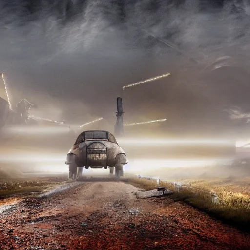 Image similar to emancipation of reality, fallout concept car in a foggy environment, daylight, wastelands