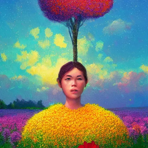 Image similar to girl with giant flower as a face, flower field, big trees, sunrise dramatic light, impressionist painting, colorful clouds, digital painting, pointillism, artstation, simon stalenhag