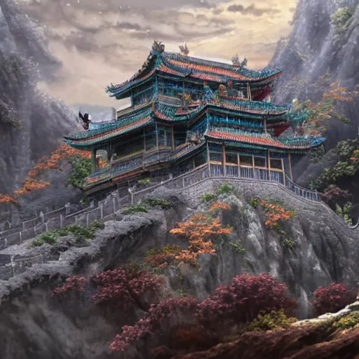 Image similar to dynamic composition, motion, ultra-detailed, incredibly detailed, a lot of details, amazing fine details and brush strokes, colorful and grayish palette, smooth, HD semirealistic anime CG concept art digital painting, watercolor oil painting of epic castle gate, from Three Kingdoms, by a Chinese artist at ArtStation, by Huang Guangjian, Fenghua Zhong, Ruan Jia, Xin Jin and Wei Chang. Realistic artwork of a Chinese videogame, gradients, gentle an harmonic grayish colors.