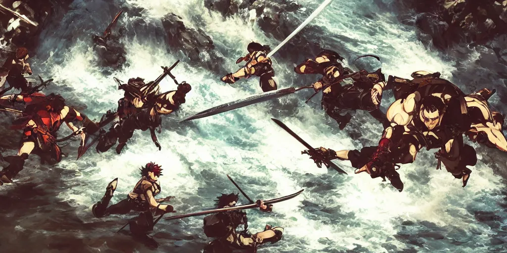 Image similar to a beautiful painting of swordsmen clashing their weapons on a bridge over a waterfall, dramatic lighting, 4k , 8k, artstation, Yoji Shinkawa, Capcom, SNK, Studio Trigger, Studio Ghibli