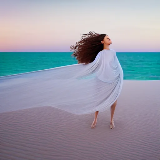 Image similar to filmstill photography of female body covered with curly white translucent blanket blowing in wind, acrylic liquid colors, luxurious supermodel photoshooting, golden jewelry, bokeh, godrays, strong wind, wrinkles, sunrays, sunset, lens flares, monet, renoir, cold colors, sand dunes