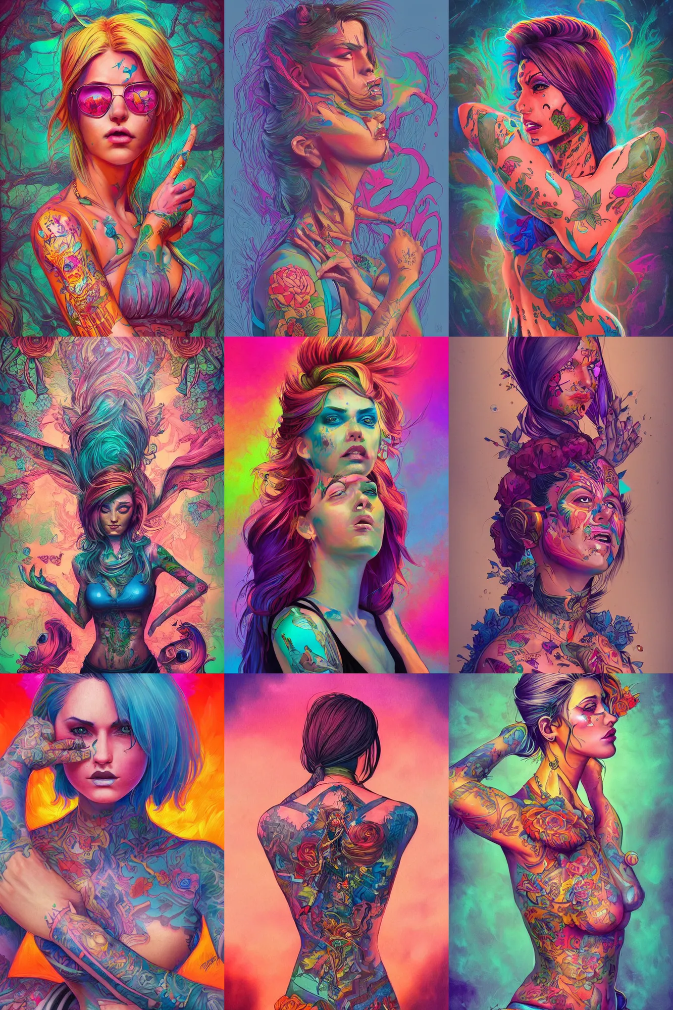 Prompt: woman fantasy tatoos, highly saturated colors, detailed illustration, digital art, overdetailed art, concept art,dan mumford, Greg Rutkowski, trending on artstation