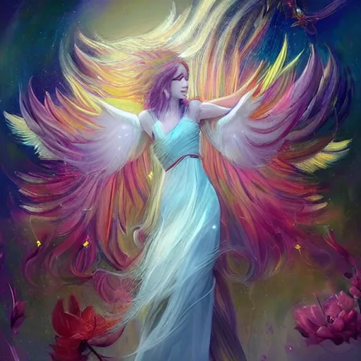 Image similar to a colorful and provenance illustration painting of a angel with her hugeflowers wings spread out gracefully ， detailed, highly detailed, dramatic lighting, hair made of hair made of air wind and curling smoke, mist, dust, genie, flowers, flower, stars, spirit fantasy concept art ， art by charlie bowater and aenami, trending on artstation.