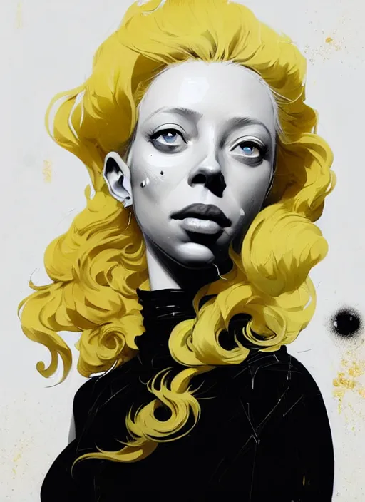 Image similar to highly detailed closeup portrait of beautiful portia doubleday, blonde wavy hair, angela moss, white suit by atey ghailan, by greg rutkowski, by greg tocchini, by james gilleard, by joe fenton, by kaethe butcher, gradient yellow, black and white color scheme, grunge aesthetic!!! ( ( graffiti tag wall background ) )