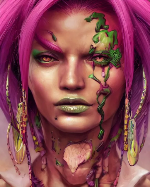 Prompt: portrait of poison from street fighter, au naturel, hyper detailed, digital art, trending in artstation, cinematic lighting, studio quality, smooth render, unreal engine 5 rendered, octane rendered, art style by klimt and nixeu and ian sprigger and wlop and krenz cushart.
