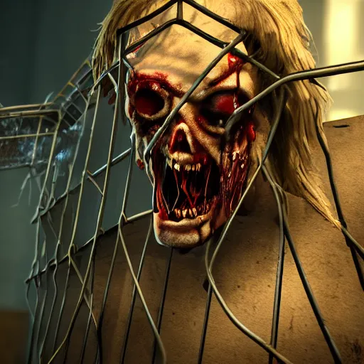 Image similar to a zombie locked in a cage trying to break out, award winning, trending on artstation, unreal engine