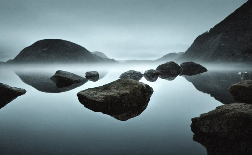 Image similar to extreme low angle camera lens partially submerged in water showing the surface of a lake with a rocky lake shore in the foreground, scene from a film directed by charlie kaufman ( 2 0 0 1 ), foggy volumetric light morning, extremely moody, cinematic trending on artstation in the style of greg rutkowski, shot on anamorphic lenses