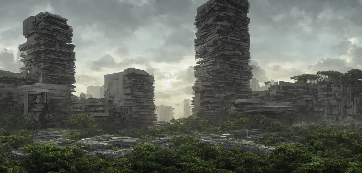 Image similar to brutalist architecture, surrounded by lush green vegetation, stunning volumetric lighting, sunset, metal, concrete, translucent material, stunning skies, 8k, photorealistic, hyper detailed, unreal engine 5, IMAX quality, cinematic, epic lighting, digital painting in the style of DOOM, by Greg Rutkowski, trending on Artstation