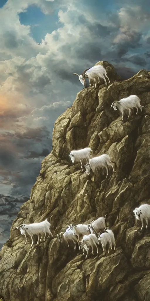 Image similar to a pack of goats climbing a citadel in the sky, beautiful, highly detailed