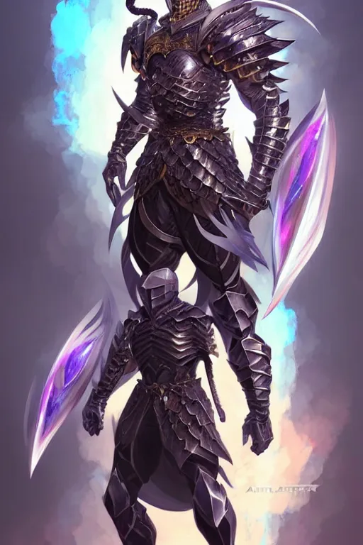 Image similar to Full body character concept art of an anime draconian warrior knight, iridescent scales, cool face, muscular, by Stanley Artgerm Lau, WLOP, Rossdraws, James Jean, Andrei Riabovitchev, Marc Simonetti, and Sakimichan, tranding on artstation