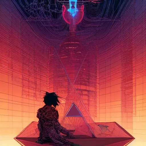 Image similar to a cyberpunk explorer meditating next to a floating triangular glowing monolith with one eye, highly detailed, midnight, by josan gonzalez and victo ngai and moebius