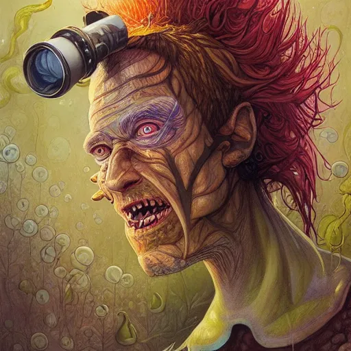 Image similar to fungus mohawk projector portrait by gaston bussierre and charles vess and james jean and erik jones and rhads, inspired by rick and morty, epic, funny, huge scale, beautiful fine face features, intricate high details, sharp, ultradetailed