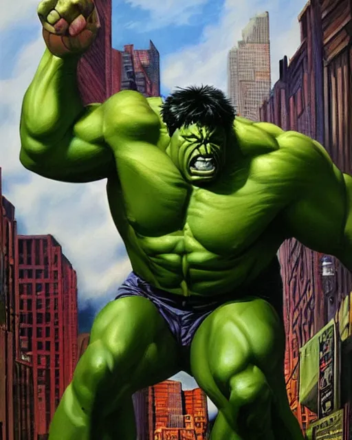 Image similar to a moody oil painting of the incredible hulk looking angry at noon in a city by joe jusko.