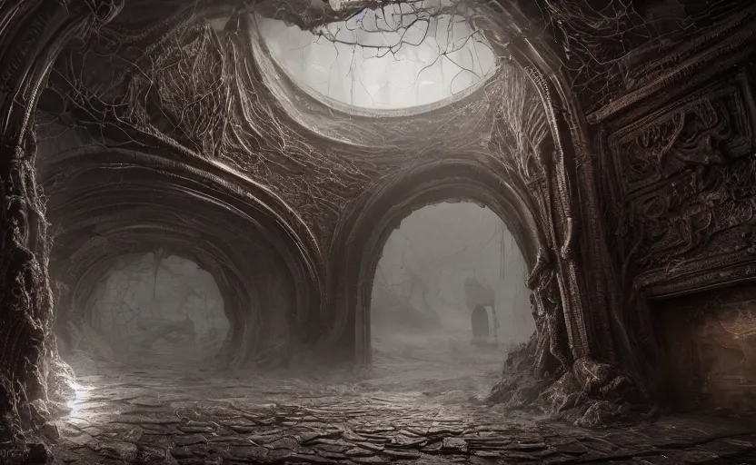 Prompt: realistic photo of a lovecraft creature in a hell gate portal, filaments, translucent, photorealistic, intricate, extremely detailed, hyperrealism, high resolution, fine detail, ultra - detailed, by marc simonetti, natural volumetric lighting, realistic 4 k octane beautifully detailed render, 4 k post, volumetric fog, misterious mist, trending on artstation