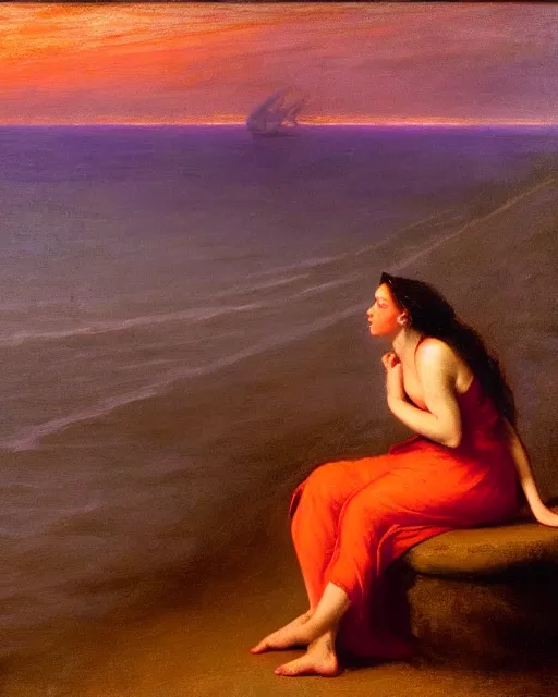 Prompt: Miranda on the beach, Shakespeare's The Tempest, beautiful woman, dark hair, sunrise in the background, orange and purple lighting, oil on canvas, stunning classical painting, beautiful, dramatic colors, hyperrealistic photorealistic 8k high quality artwork, in the style of realism, by Jean-François Millet and Edward Hopper