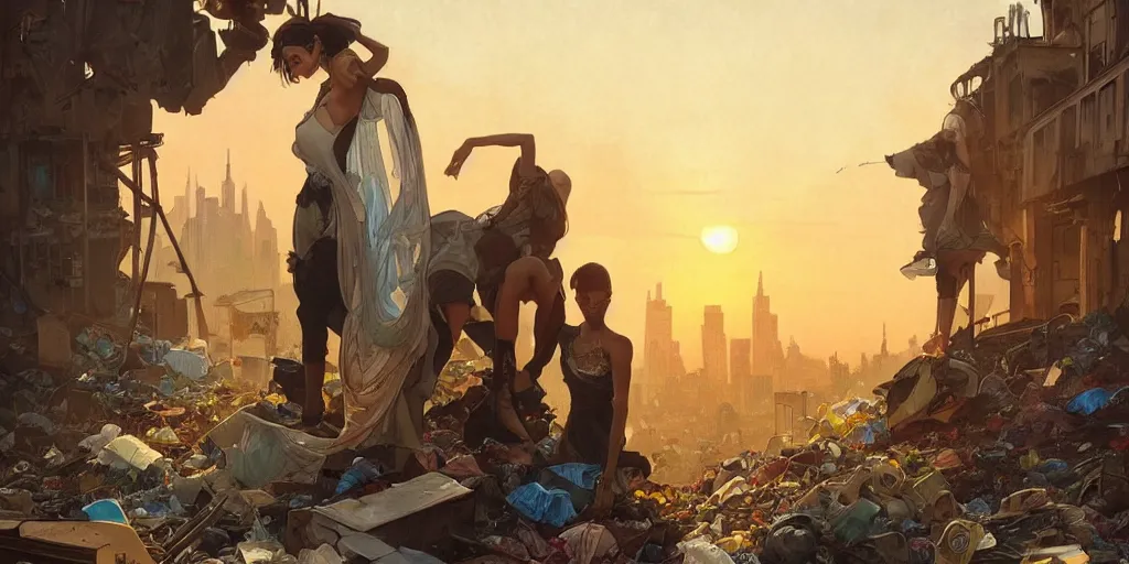 Image similar to broken window in foreground!! garbage dump, city is pure wasteland, sunset in background, detailed characters, alphonse mucha, greg rutkowski, trending on artstation, artgerm, breathtaking, sharp focus, smooth, mark arian, award winning, highly detailed 4 k art