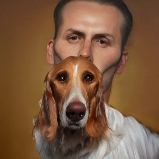 Image similar to full-length Slavic man with the head of a dog, oil painting, hyperrealism, beautiful, high resolution, trending on artstation,