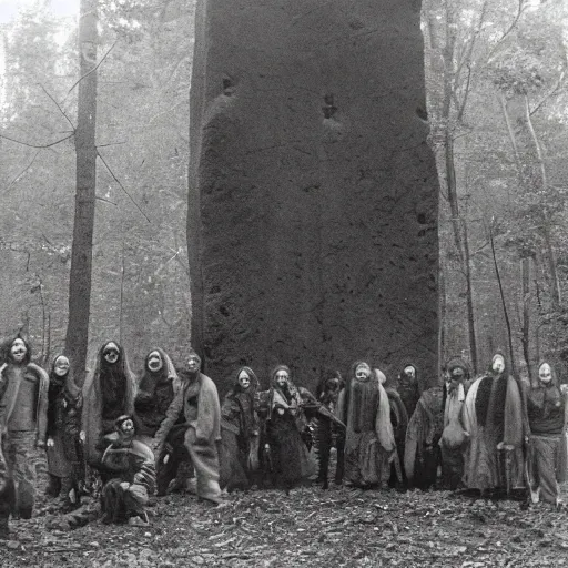 Image similar to old photograph of a cult surrounding a giant alien monolith in a haunted forest, epic composition