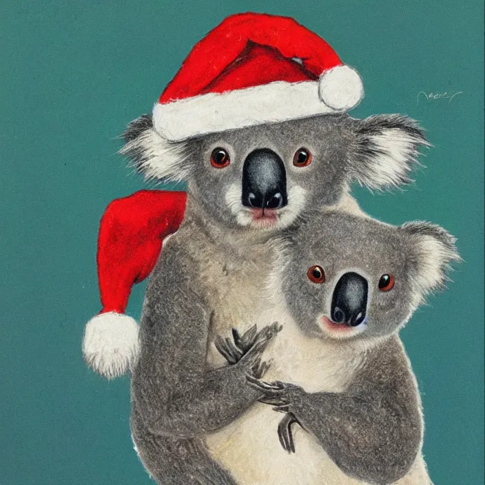 Image similar to a cute koala wearing a christmas hat by louis wain