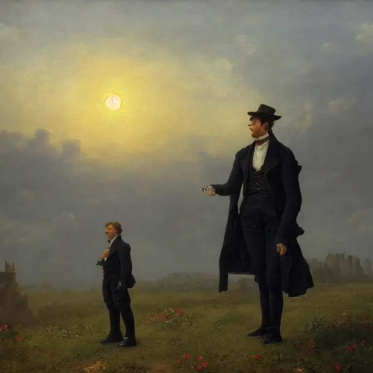 Image similar to romantic painting, wide shot of a lone gentleman in 1 9 th century clothing watching an enormous television screen playing a football game in front of a shocking sunrise, highly detailed, sublime, hyperrealistic, painted by caspar david friedrich and albert bierstadt, trending on artstation 8 k