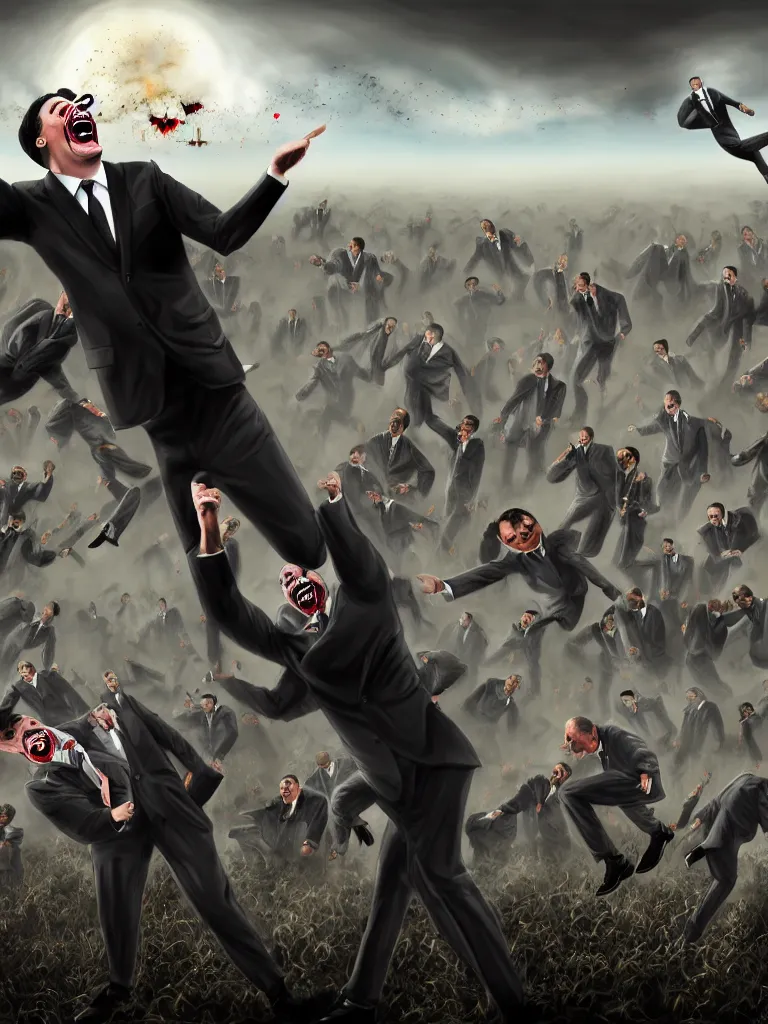 Prompt: a Comedian in suit and tie performing in a battle field with smiling dead bodies on the ground, comedian is funny, performing to dead soldiers, nuclear bomb cloud in far horizon, apocalypse, trending on artstation, artstationHD, hyperdetailed matte painting, highly detailed, digital painting, hyper-realistic, realistic, photo-realistic