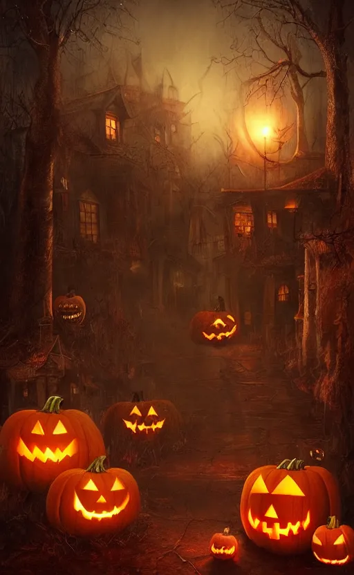 Image similar to a creepy and eery Halloween setting, with Jack o lanterns on the street and shadow figures lurking about, dynamic lighting, photorealistic fantasy concept art, stunning visuals, creative, cinematic, ultra detailed, trending on art station, spooky vibe