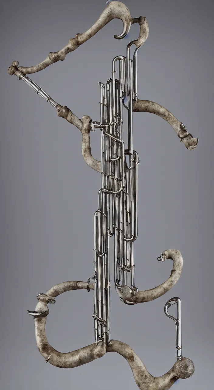 Prompt: a wind musical instrument with ceramic pipes in the shape of vocal tracts producing a fractal stream of air, oesophagus, 8 k, octane,