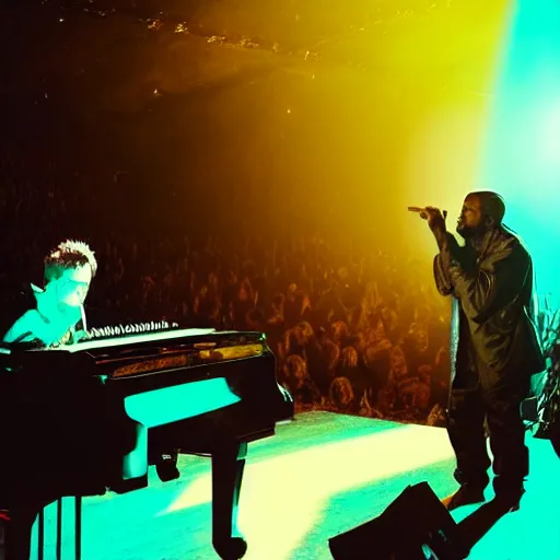 Prompt: Kanye West performing a song live on a garden with Elton John playing the piano in the background, vintage camera, dreamy, atmospheric, golden hour, cinematic lighting, 8K concept art