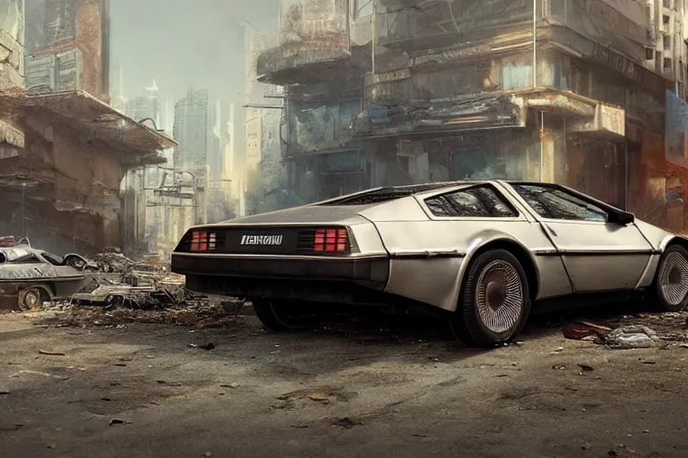 Image similar to highly detailed photorealistic rendering of a delorean parked on the streets of a cyberpunk abandoned city with the door open, futuristic post - apocalyptic vibe, by greg rutkowski and stanley artgerm and alphonse mucha, octane, sharp focus, hyperrealistic, unreal engine 5, vray, masterpiece