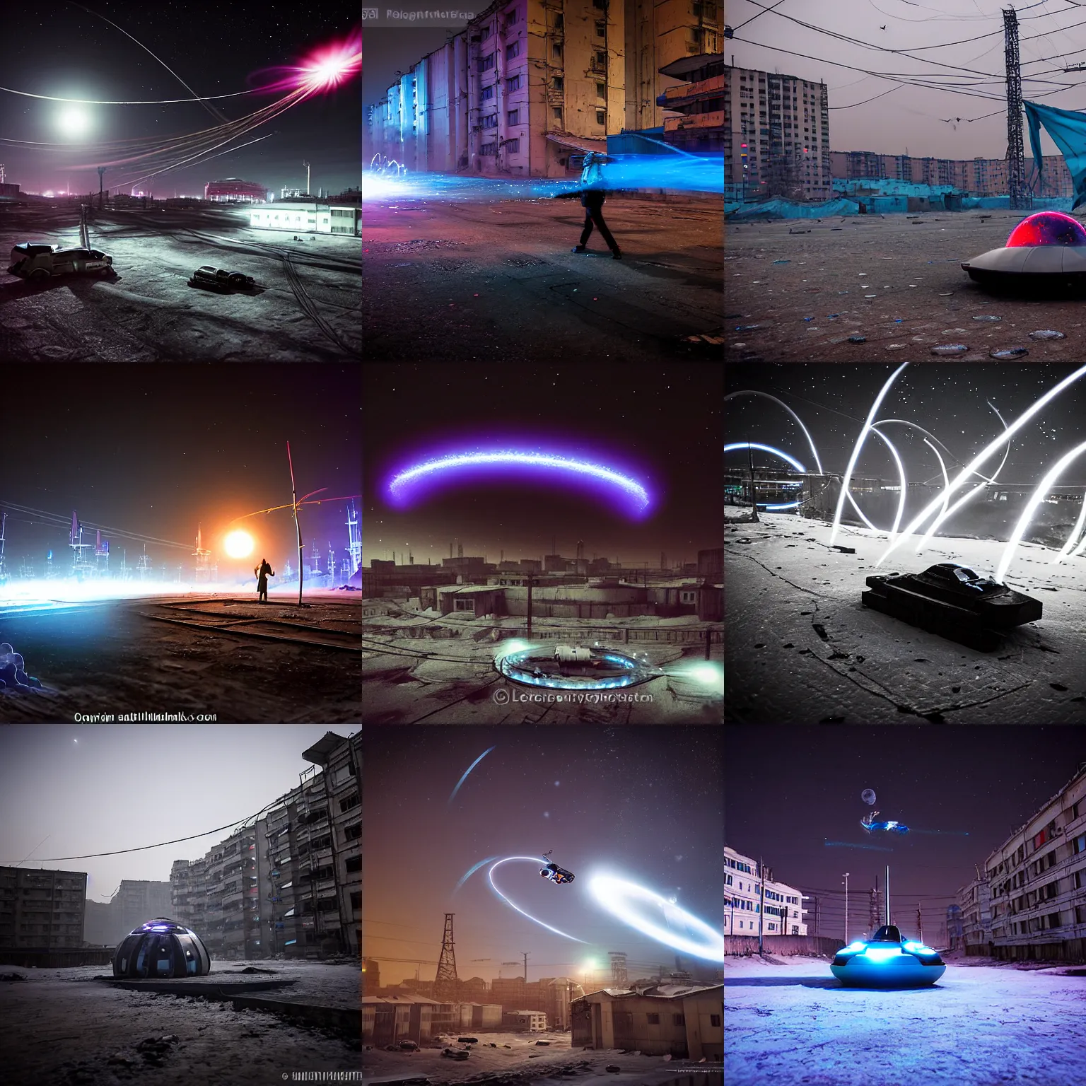 Prompt: plasma hovercraft leaving trails in the air in a Russian cyberpunk slum city called Neo Norilsk on the Moon, at night, diverse, lively, black sky full of stars, blinding sun, sci-fi, lots of flying cars, levitation, cyberpunk outfits, photorealistic, grainy, 35mm, intricate, very very beautiful, elegant, smooth, cinematic, Unreal Engine 5, by Beeple, trending on Artstation HD