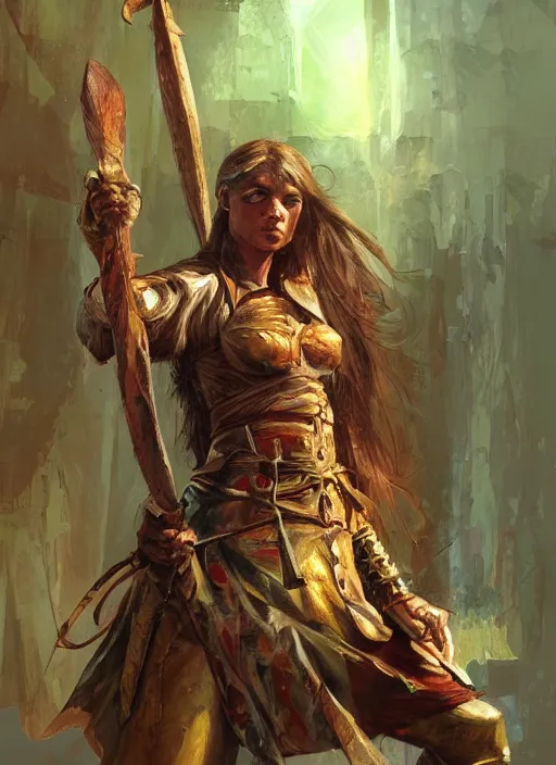 Image similar to highly detailed painting of a cleric warrior woman by jon foster, high fantasy, tropical colors trending on artstation