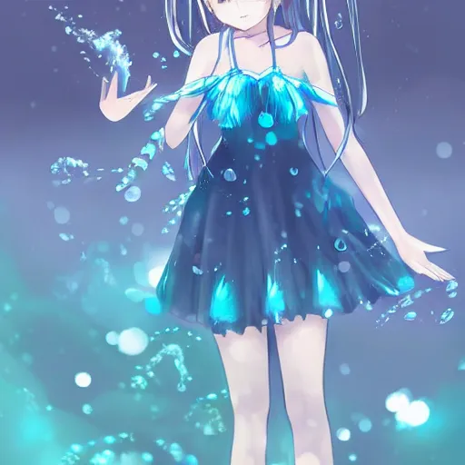 Prompt: advanced digital art a very cute anime girl wearing a dress made of water turning into mist standing in a crystal lake full body WLOP RossDraws Totorl Sakimimichan