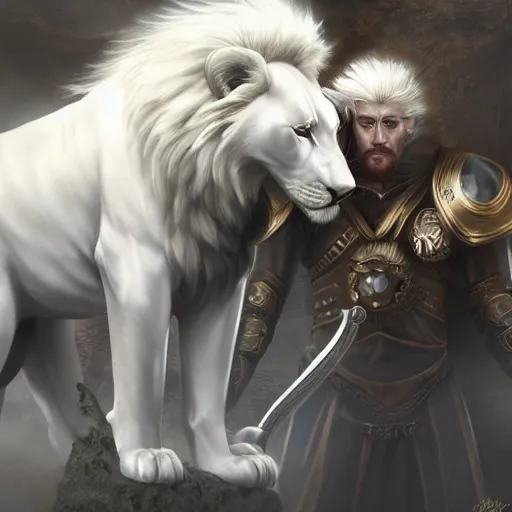 Image similar to an image of Godfrey the first Elden Lord posing with a white lion after the battle, photorealistic, Artstation, digital art, high contrast, sharp focus