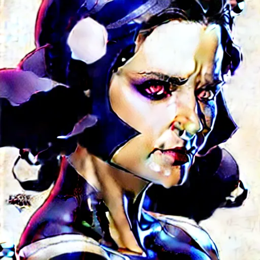 Image similar to artgerm, joshua middleton comic cover art, pretty domino character marvel comics sarah michelle gellar, place white skin, asymmetrical black spot covering left eye only, no spot right eye white around right eye asymmetrical eye