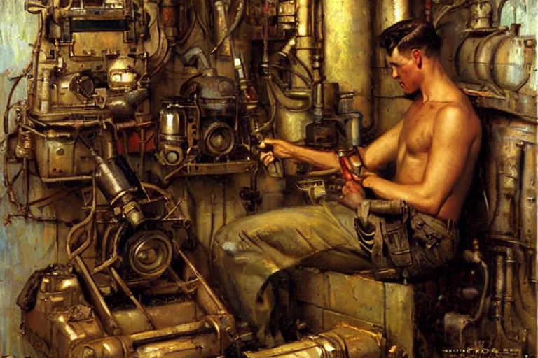 Image similar to male repairing machine, dieselpunk, painting by gaston bussiere, craig mullins, j. c. leyendecker, tom of finland