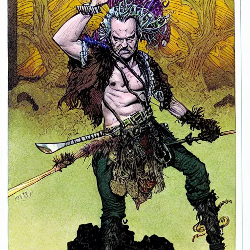 Image similar to a high fantasy closeup portrait of bill murray as a mystical druidic punk warrior giving the camera the middle finger by rebecca guay, michael kaluta, charles vess and jean moebius giraud